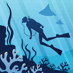 diver in the ocean and corals