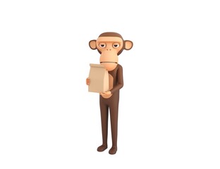Monkey character holding paper containers for takeaway food in 3d rendering.