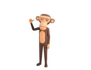 Monkey character pointing back thumb up empty space in 3d rendering.