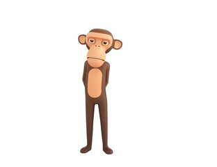 Monkey character hides his hands behind his back in 3d rendering.