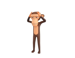 Monkey character with hand on head for pain in head because stress in 3d rendering.