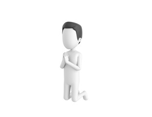 Stick Man with Hair character kneeling and pray in 3d rendering.