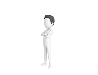 Stick Man with Hair character smiling with arms crossed look to the side in 3d rendering.