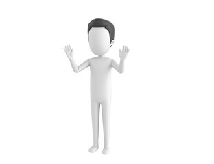 Stick Man with Hair character raising hands and showing palms in surrender gesture in 3d rendering.