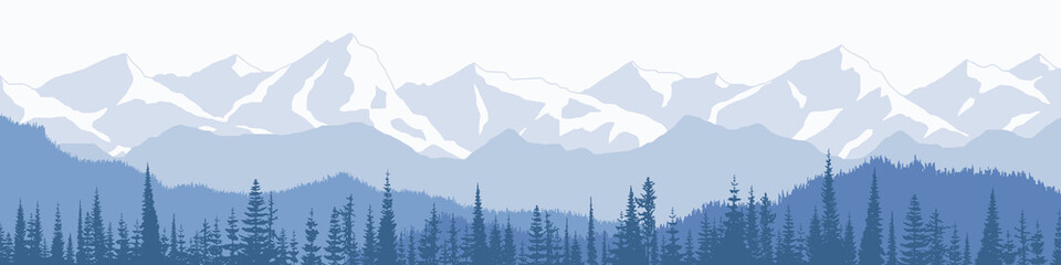Mountain landscape, panoramic view of ridges and forest in fog, vector illustration