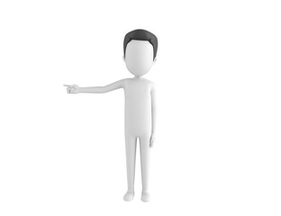 Stick Man with Hair character pointing his finger to the left in 3d rendering.
