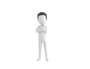 Stick Man with Hair character smiling with arms crossed in 3d rendering.
