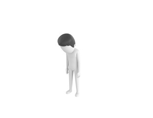 Stick Man with Hair character looking down in 3d rendering.