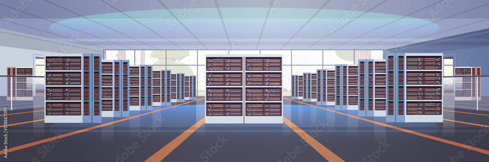 Poster data center room interior hosting server computer information database synchronize technology connection cyber network