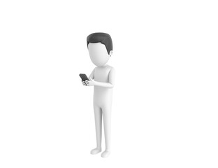 Stick Man with Hair character types text message on cell phone in 3d rendering.