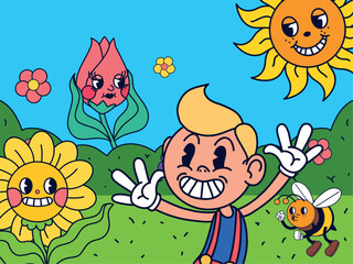 cartoon boy and flowers