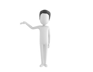 Stick Man with Hair character raise his hand and pointing to the side in 3d rendering.