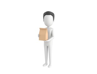 Obraz premium Stick Man with Hair character holding paper containers for takeaway food in 3d rendering.