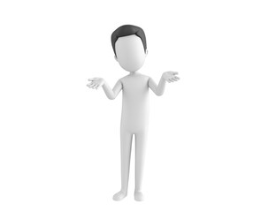 Stick Man with Hair character spreading his two hands and looking to camera in 3d rendering.