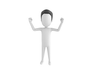 Stick Man with Hair character raising two fists in 3d rendering.