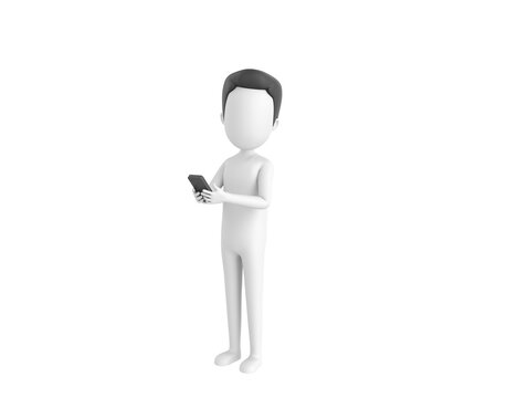 Stick Man with Hair character using smartphone and looking to camera in 3d rendering.