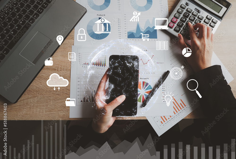 Poster a business woman using a mobile phone with a smart phone wireless internet connection from around th