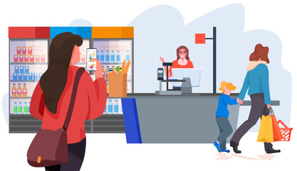 woman choosing grocery products on smartphone screen in mobile app online shopping concept modern supermarket interior