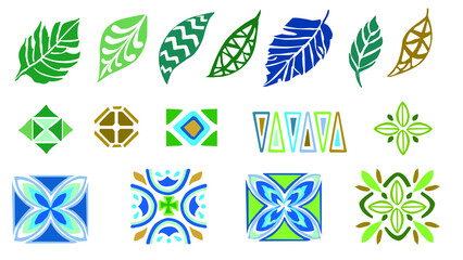 Fototapeta na wymiar Tropical, Polynesian inspired leaf, patterns and tile elements in vector format. Great for border designs, stationery, home decor, pattern, fabric design and more. Art has a woodcut, geometric style