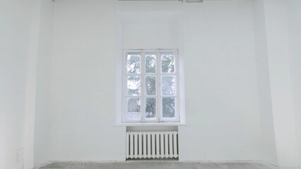 Blank white wall with window. Slide motion of movement or hitting the camera on empty light white...