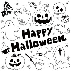 A set of handwritten vector illustrations for Halloween.Happy Halloween texts and pumpkin lanterns, ghosts, cats, skulls and more.