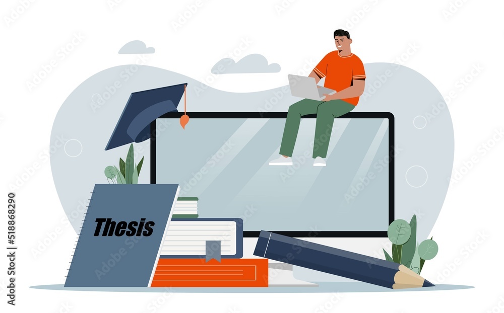 Poster student preparing dissertation. young guy with laptop computer writes thesis, homework and distance 