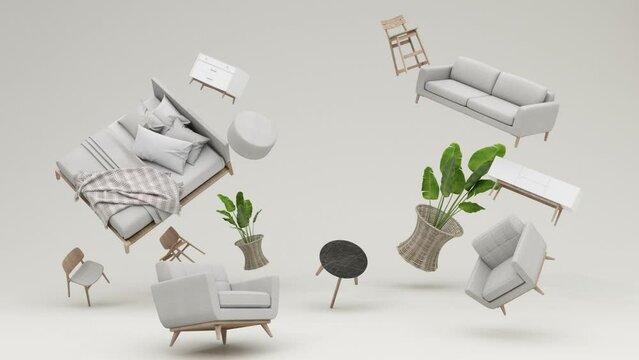 pastel sofa surrounding by coffee table armchair bed and plant pot minimal concept 3d rendering looped animation