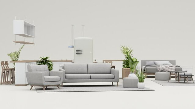 pastel sofa surrounding by coffee table armchair bed and plant pot minimal concept 3d rendering looped animation