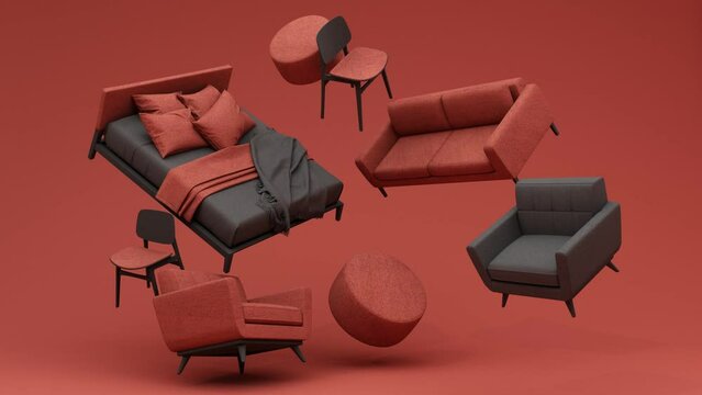 pastel sofa surrounding by coffee table armchair bed and plant pot minimal concept 3d rendering looped animation