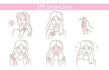 Spf protection concept. Woman applies sun cream to protect skin from burn. Safe tanning, cosmetics for safety under ultraviolet rays. Beauty and hygiene metaphor. Cartoon flat vector illustration