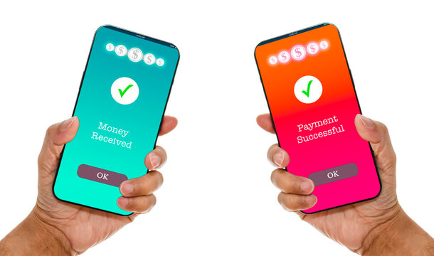 A man's hand holds a smartphone on screen with the messages payment successful and Money received. Concept of financial transactions with mobile devices. Closeup, transfer, Payment. White background