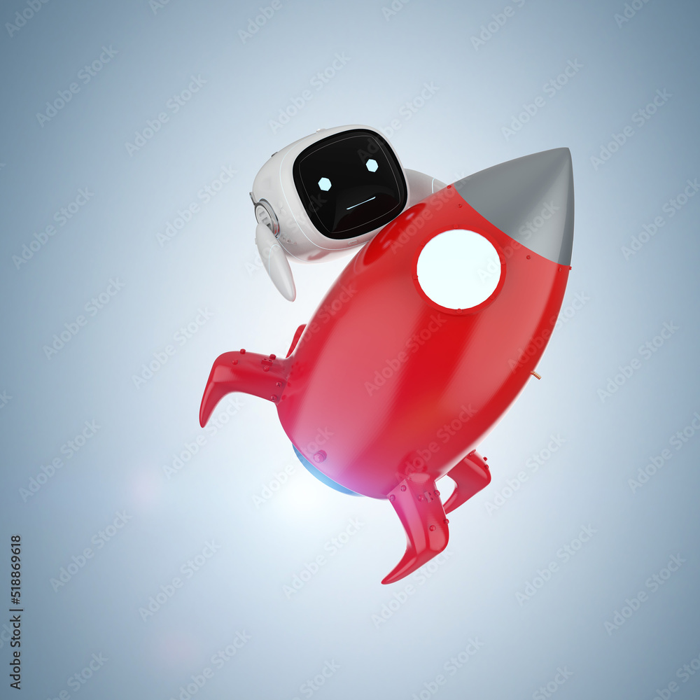Poster technology start up concept with small robot with space shuttle