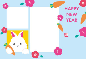 ２枚の写真用ポップでカラフルな2023年卯年年賀状　添書きなし