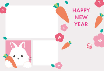 ２枚の写真用ポップなパステルカラーの2023年卯年年賀状　添書きなし