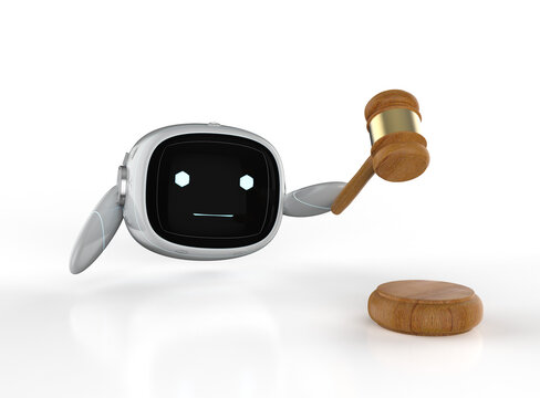 Internet law concept with small and cute robot hold gavel judge