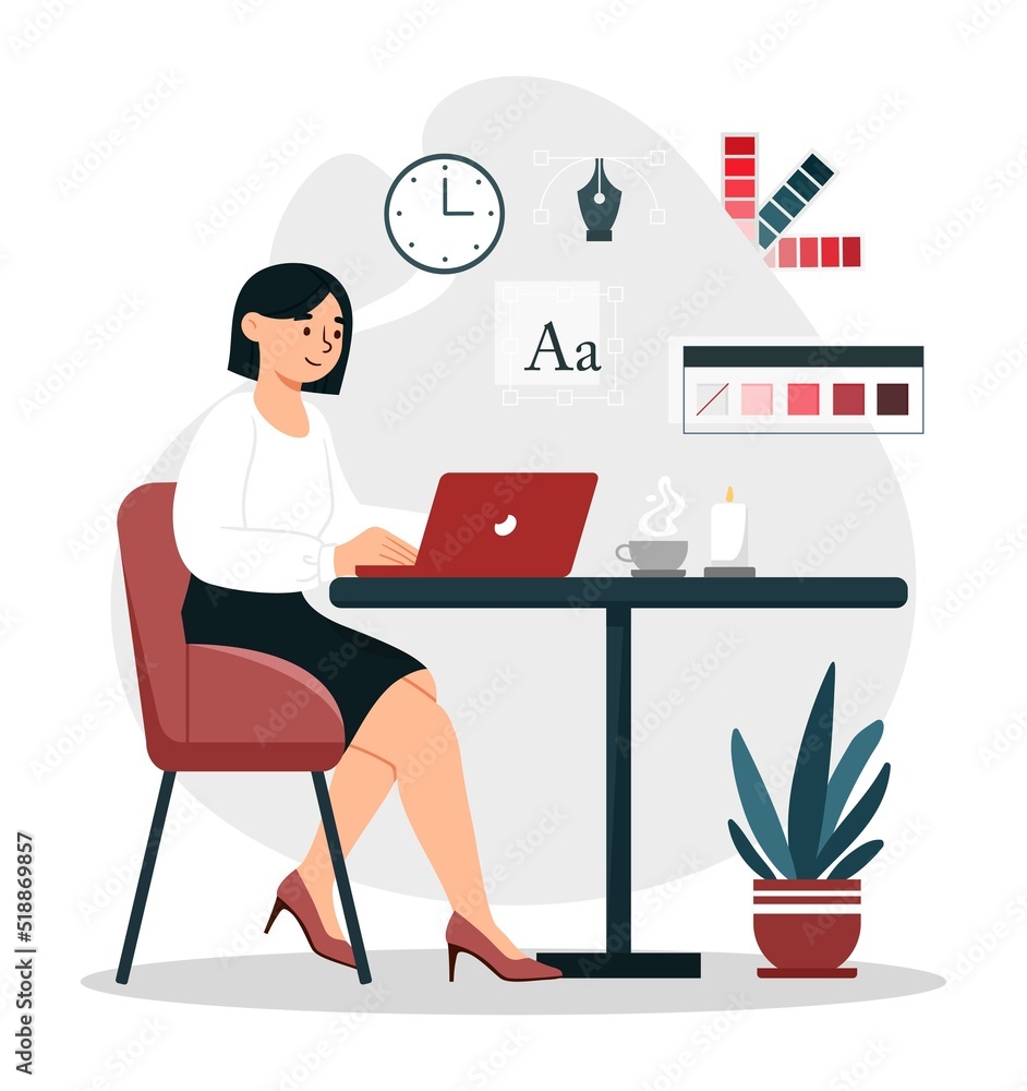Fototapete Digital artist concept. Woman sits at laptop and creates graphic elements for website. Designer selects color, develops interface for program or application. Cartoon flat vector illustration