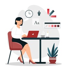 Digital artist concept. Woman sits at laptop and creates graphic elements for website. Designer selects color, develops interface for program or application. Cartoon flat vector illustration