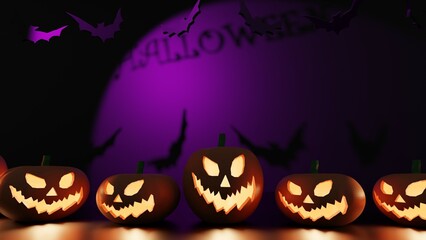 Halloween pumpkin smile and scary eyes for parties lined up and lit by scary eyes and mouth. There is a black shadow behind the word Halloween, black background,3d render