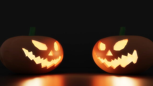 Halloween pumpkin head jack lantern 2 balls placed at night, black background,3d render