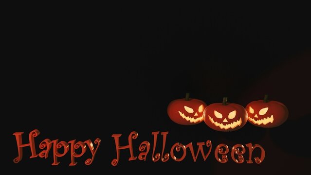 Halloween pumpkin head jack lantern 3 balls and the word Happy Halloween, black background,3d render