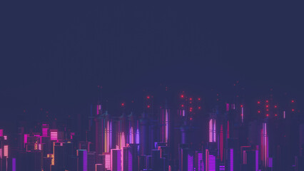 Fototapeta na wymiar 3d render of Cyber night mega city landscape scene. Light glowing and reflection on dark tech scene. Night life. Technology network for 5g. Beyond futuristic of Sci-Fi Capital city and building scene.