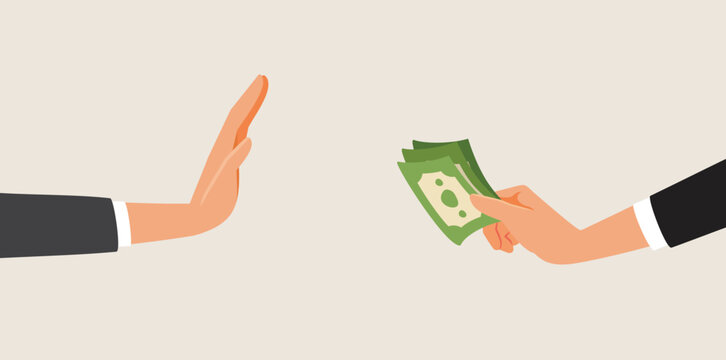 Businessman Refusing Bribery Money in Honest Gesture Vector Cartoon. Honest politician not receiving illegal funds 

