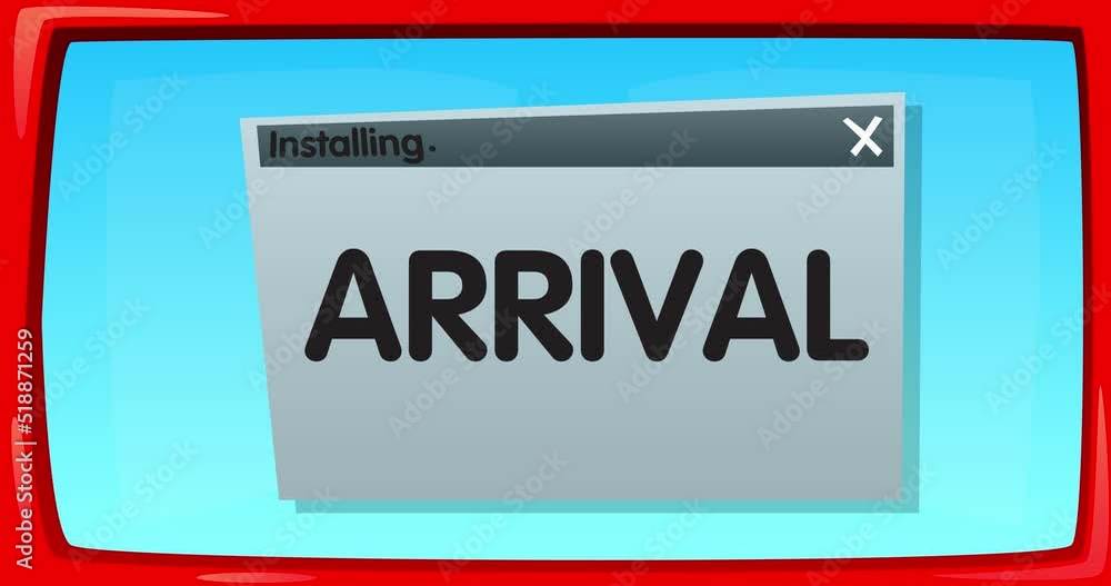 Poster cartoon computer with the word arrival. video message of a screen displaying an installation window.