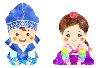 Graphic images of boys and girls bowing down in hanbok on Korean holidays