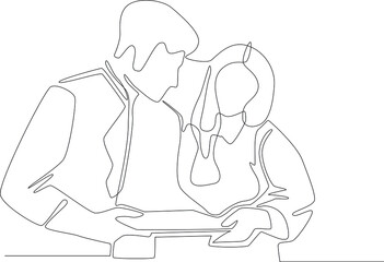 simple line concept of office activity where a man and woman discuss to solve the problem during the job