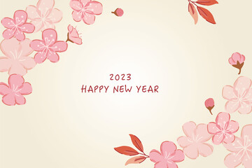 Fototapeta premium 2023 Happy New Year, New year card design template with plum blossoms.