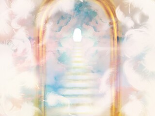 Naklejka premium This illustration depicts the golden gates of heaven seen beyond the white wings of dancing angels, the cloud staircase, and the world of divine light illuminating the sky through the gaps in the sea 