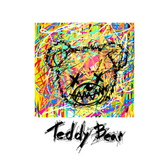 teddy bear head toy punk style with abstract colorful line background for t-shirt print design vector illustration and slogan "Teddy Bear"