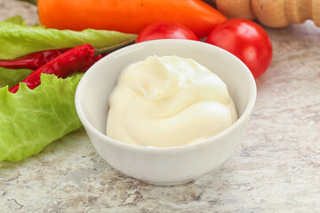 Organic mayonnaise sauce in the bowl