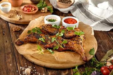 Traditional georgian dish - chicken tabaka on wooden background in rustic style. Roasted whole chicken in georgian style on wooden table. Chicken tabaka with sauces in rustic style.